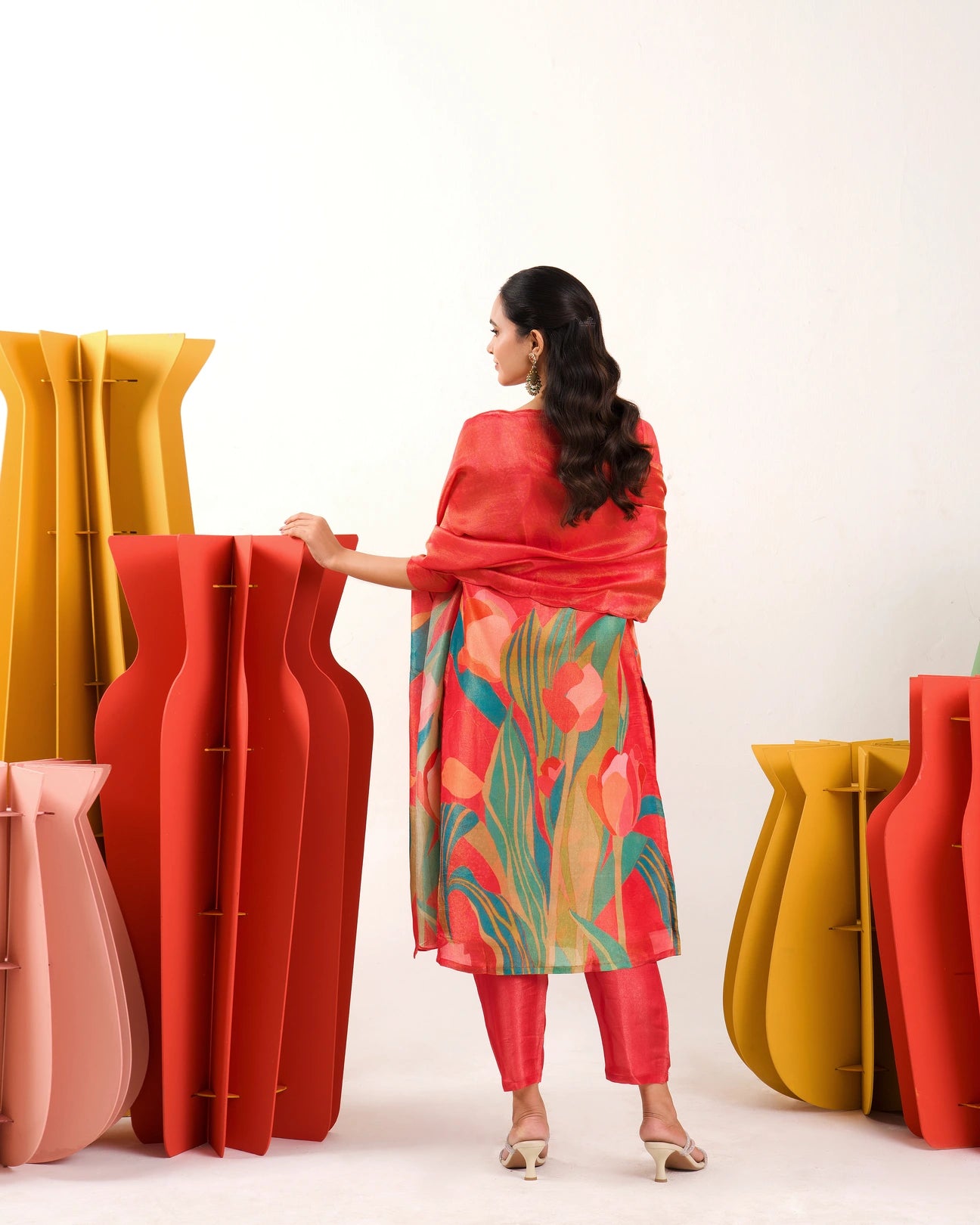 Rudrani Coral Red Straight Suit Set with Floral shimmer tissue Dupatta