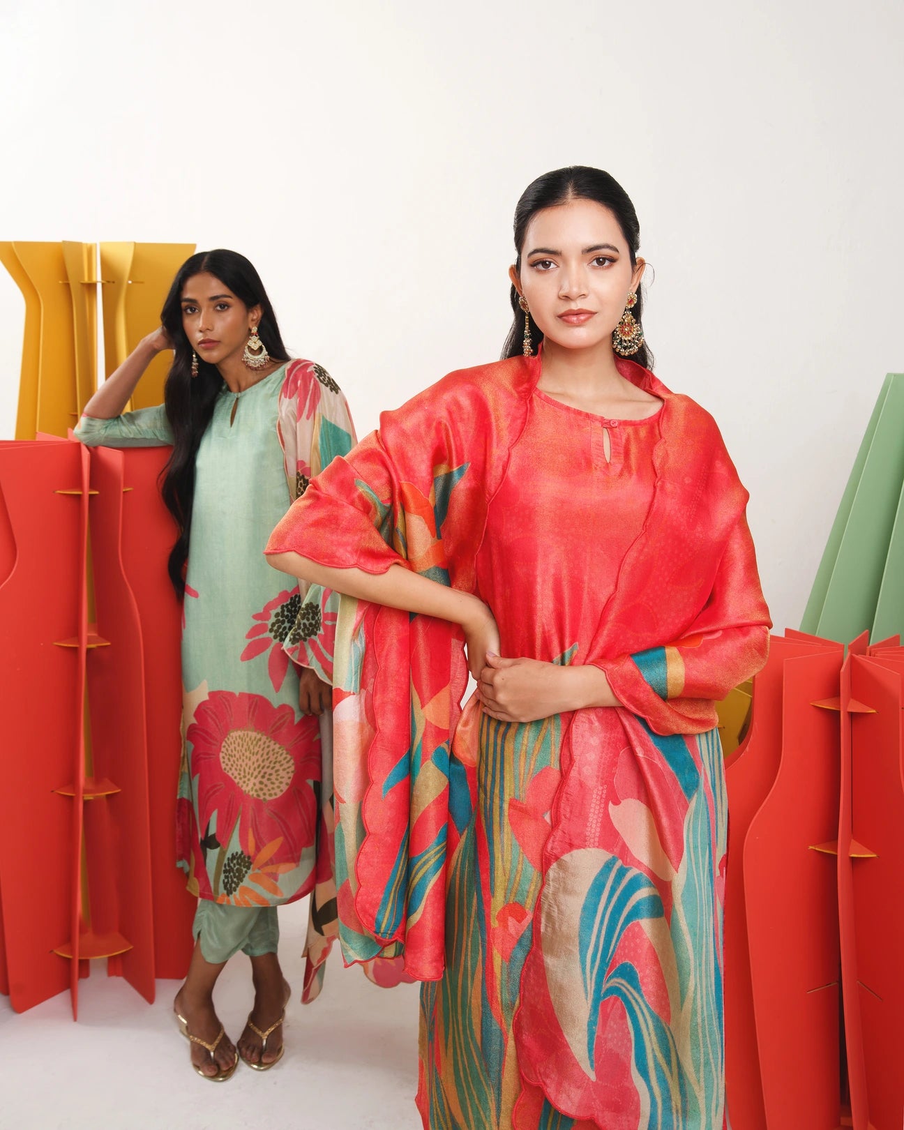 Rudrani Coral Red Straight Suit Set with Floral shimmer tissue Dupatta