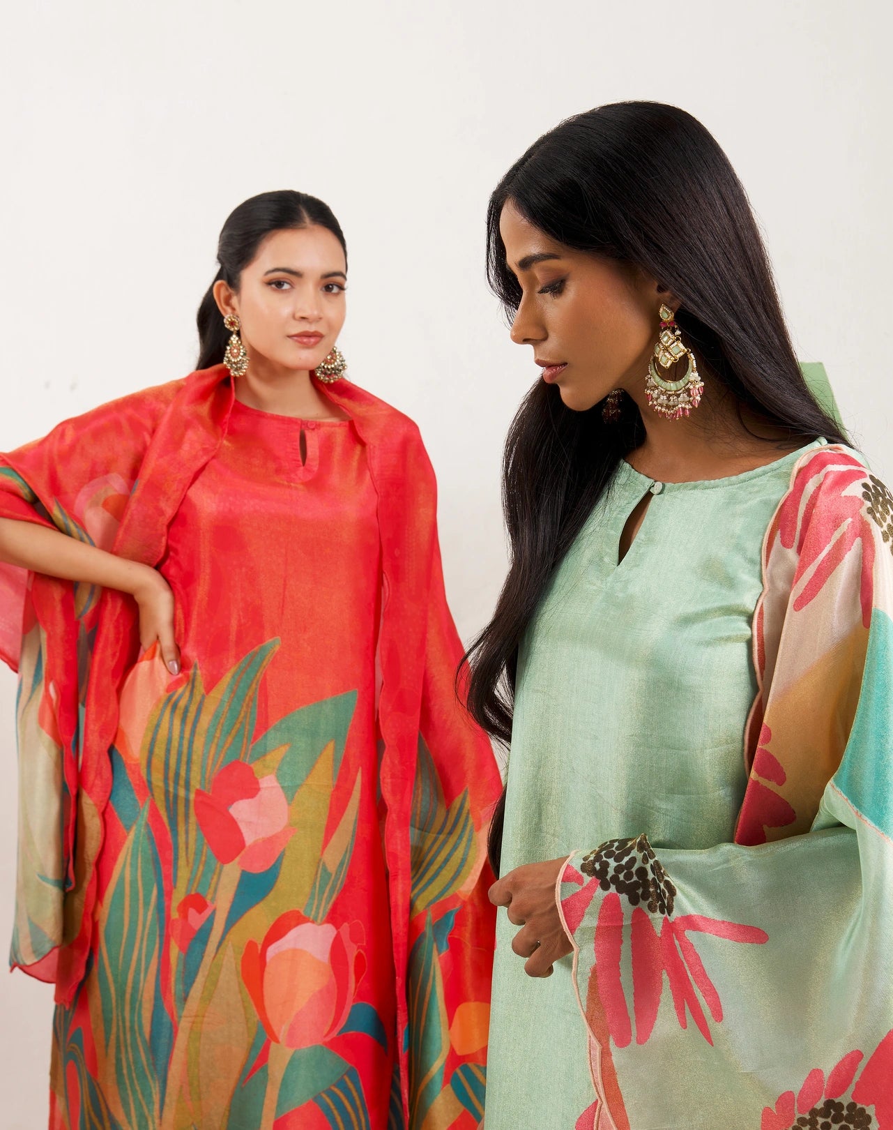 Rudrani Coral Red Straight Suit Set with Floral shimmer tissue Dupatta