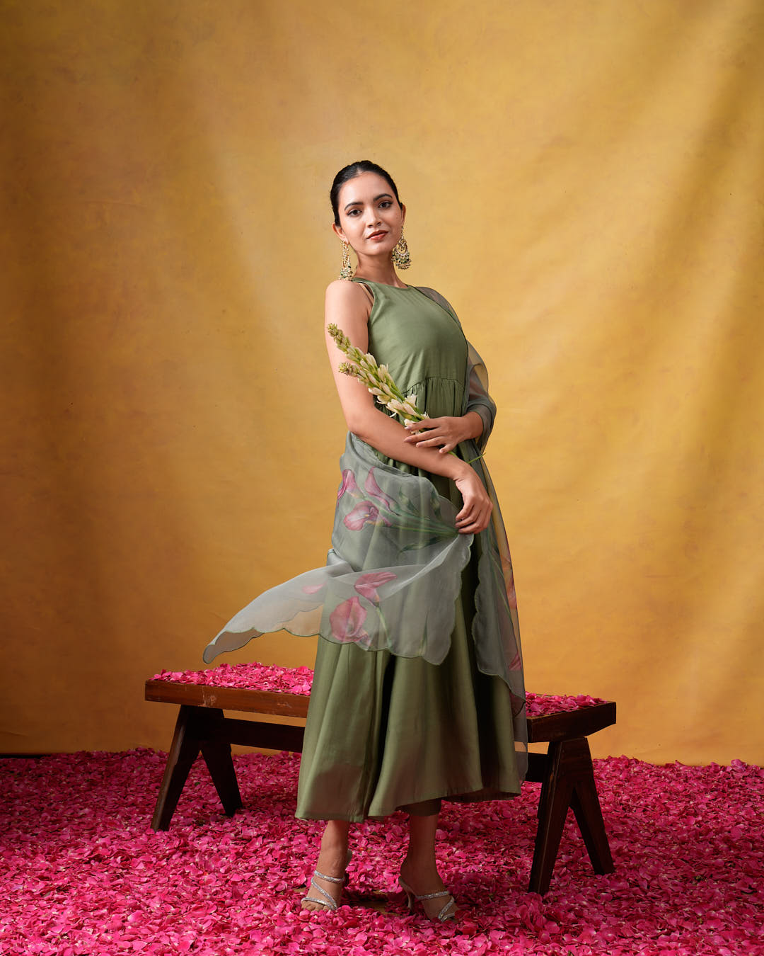 Bhumi Sleeveless Green Flared Suit Set with Organza Dupatta