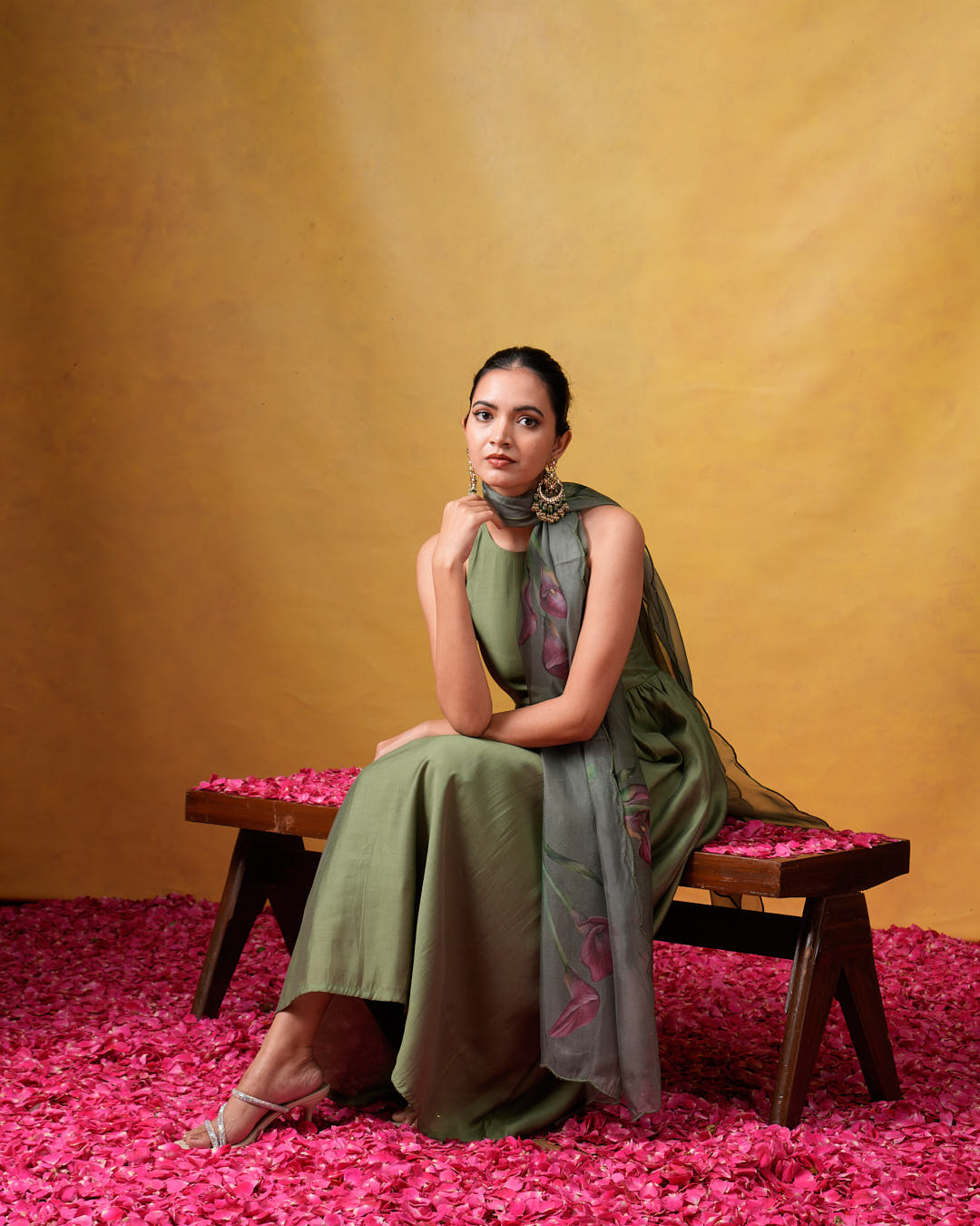 Bhumi Sleeveless Green Flared Suit Set with Organza Dupatta