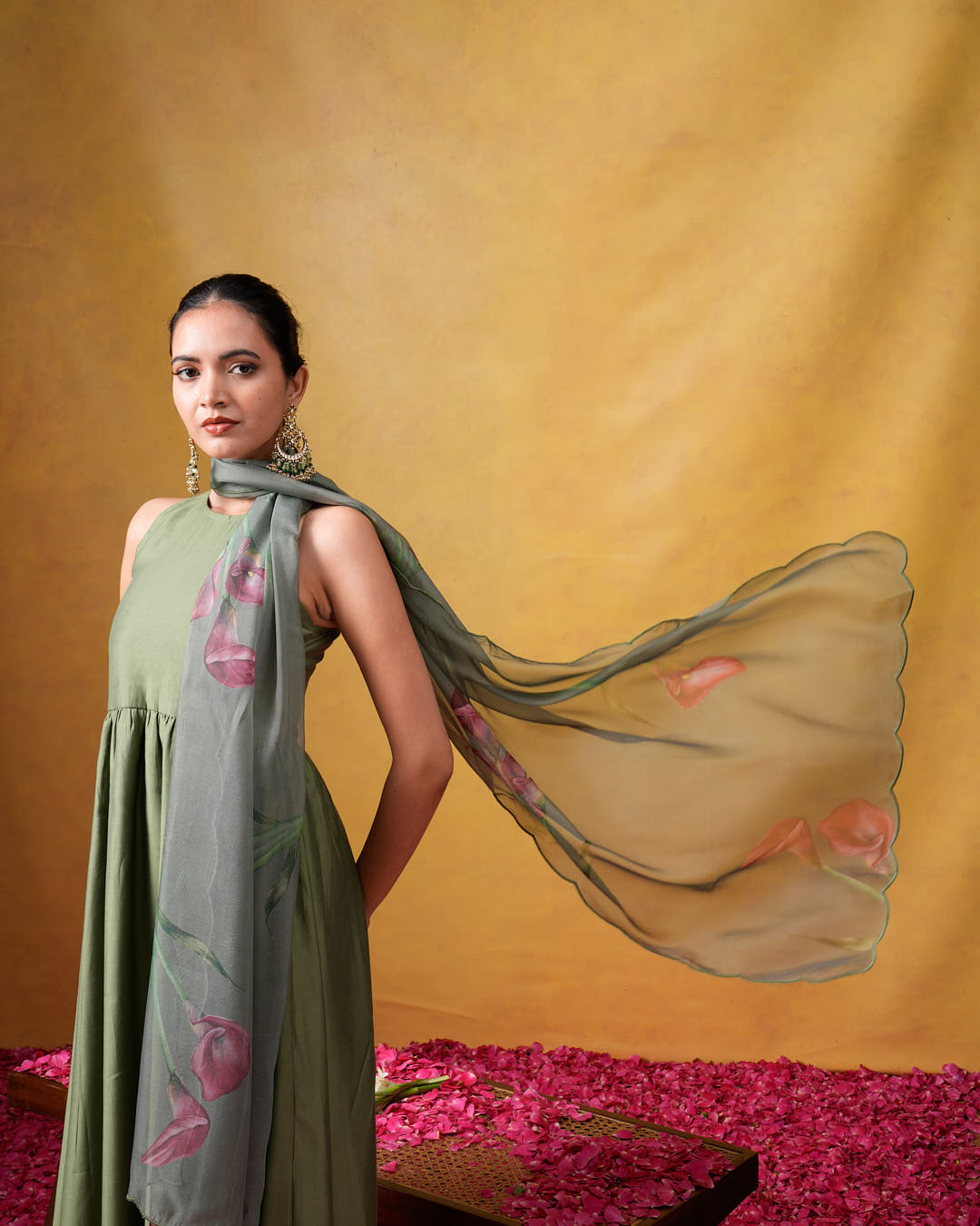 Bhumi Sleeveless Green Flared Suit Set with Organza Dupatta