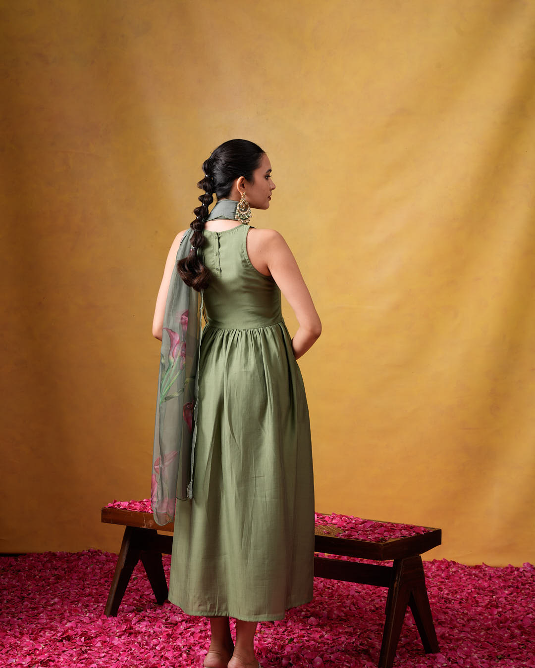 Bhumi Sleeveless Green Flared Suit Set with Organza Dupatta