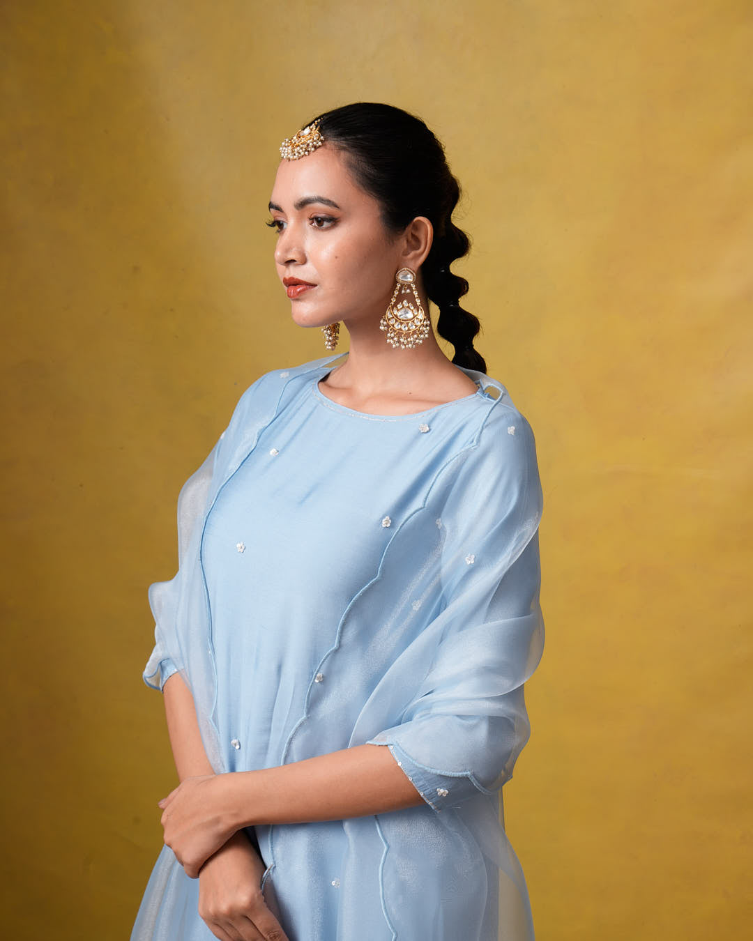 Aura Light Blue Suit Set with Hand Embroidery and Organza Dupatta