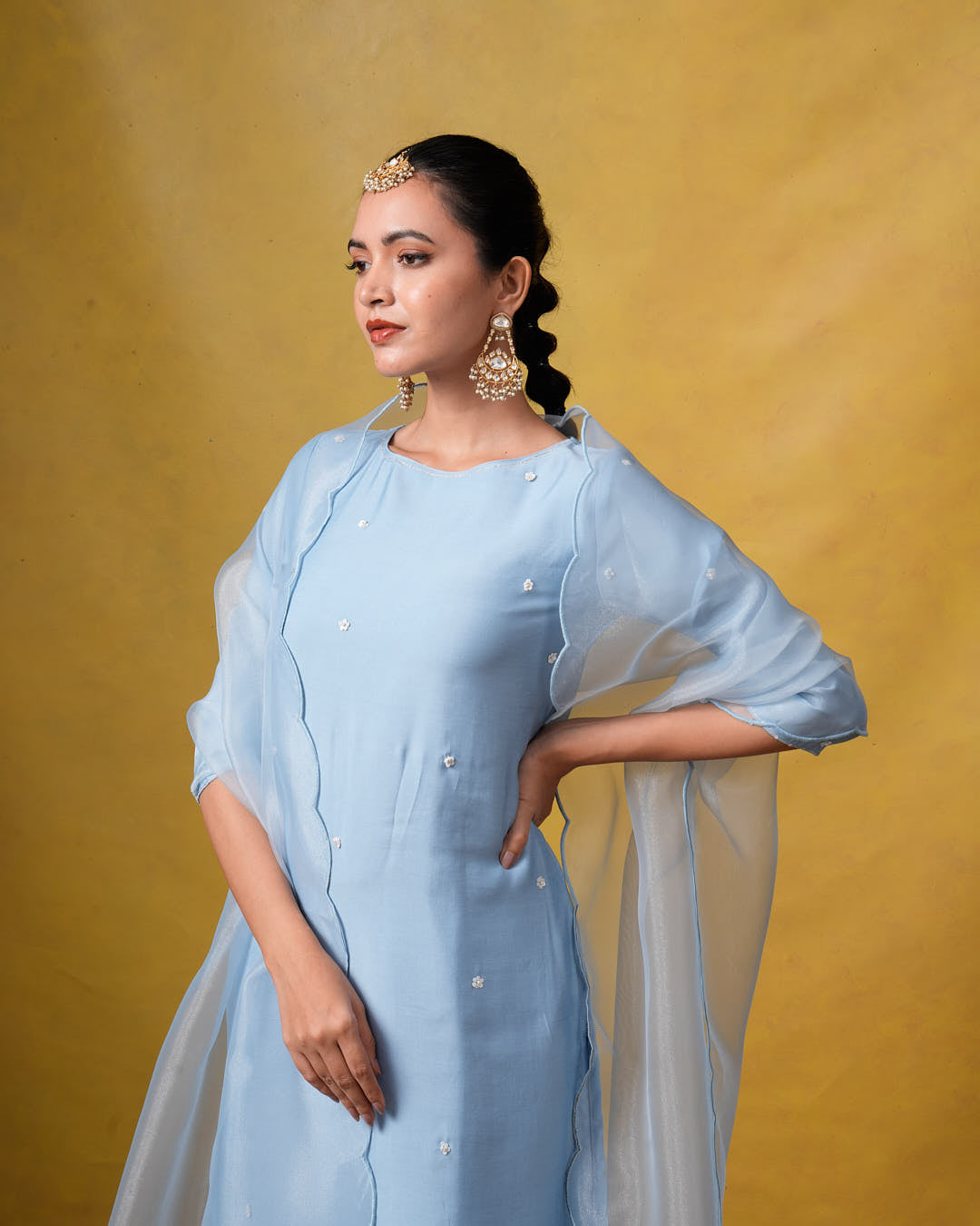 Aura Light Blue Suit Set with Hand Embroidery and Organza Dupatta