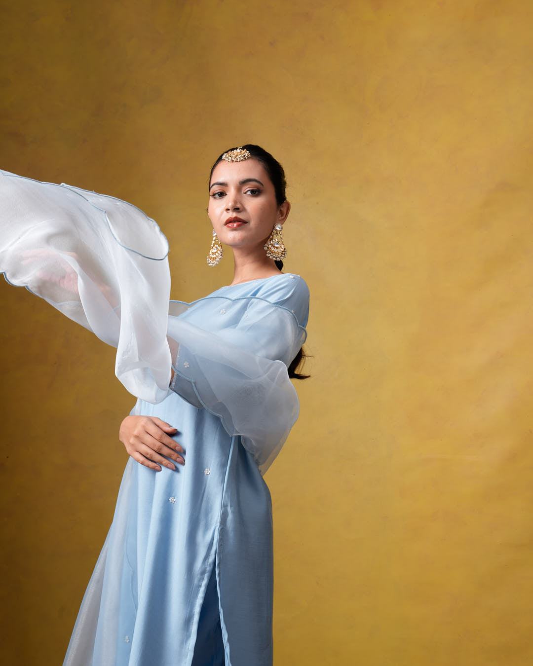 Aura Light Blue Suit Set with Hand Embroidery and Organza Dupatta