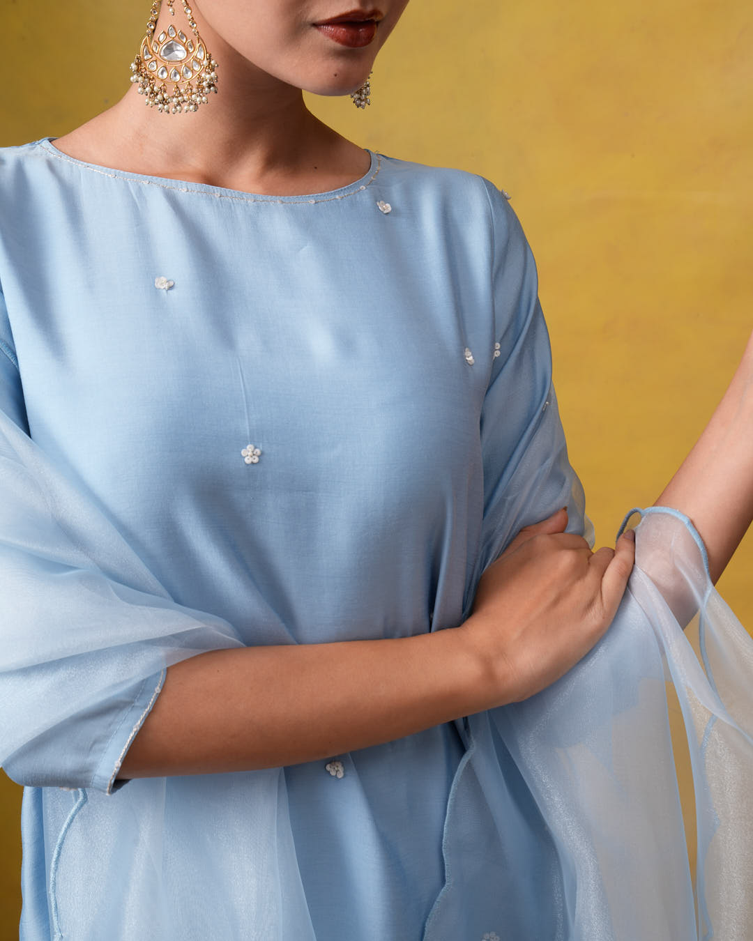 Aura Light Blue Suit Set with Hand Embroidery and Organza Dupatta