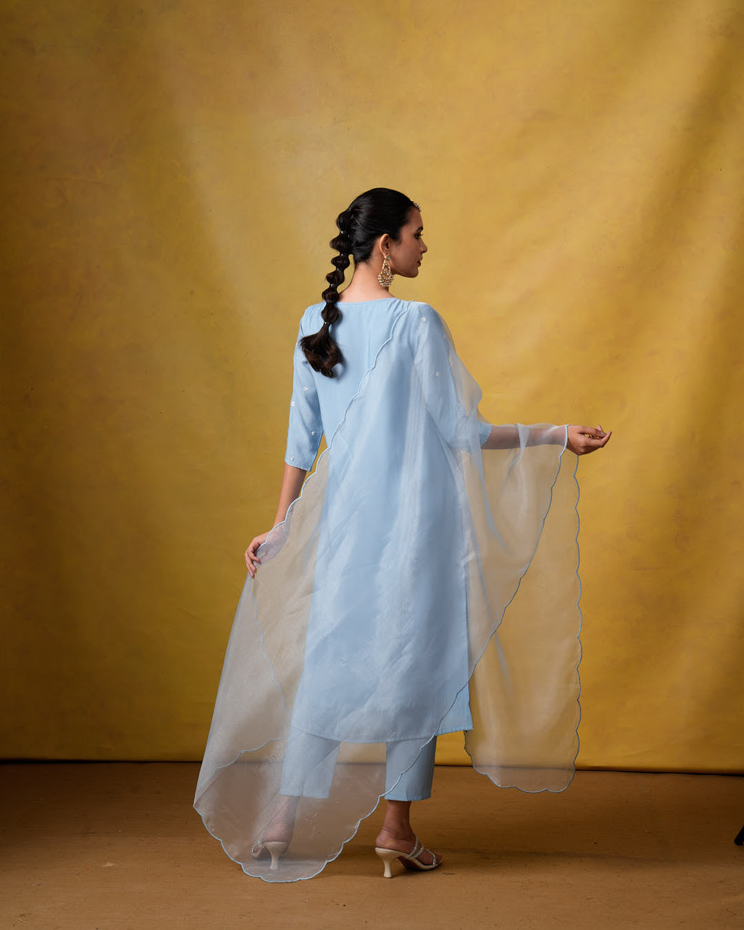 Aura Light Blue Suit Set with Hand Embroidery and Organza Dupatta