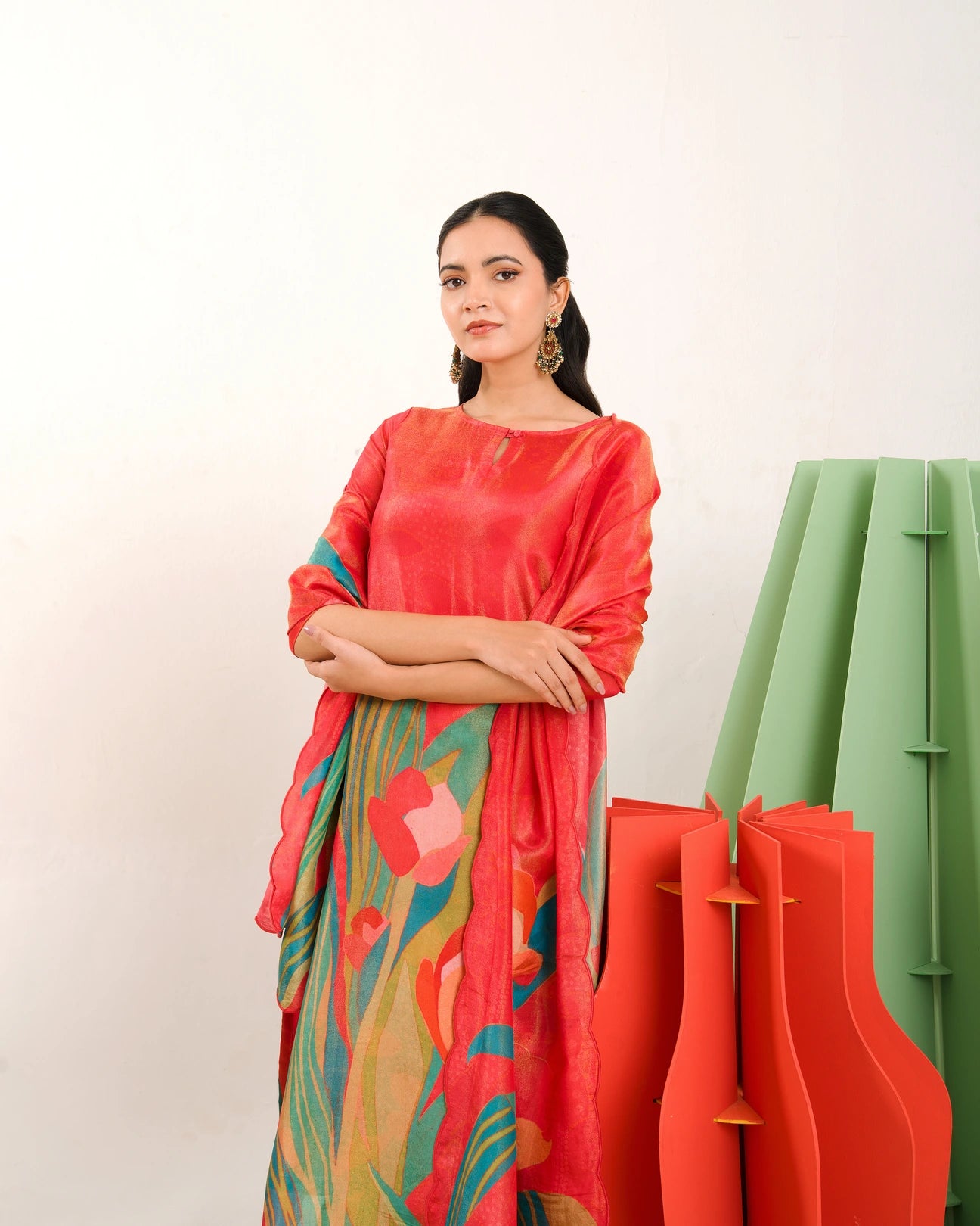 Rudrani Coral Red Straight Suit Set with Floral shimmer tissue Dupatta