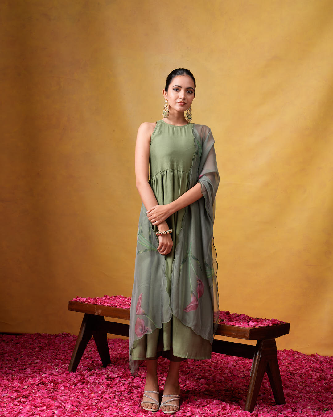 Bhumi Sleeveless Green Flared Suit Set with Organza Dupatta
