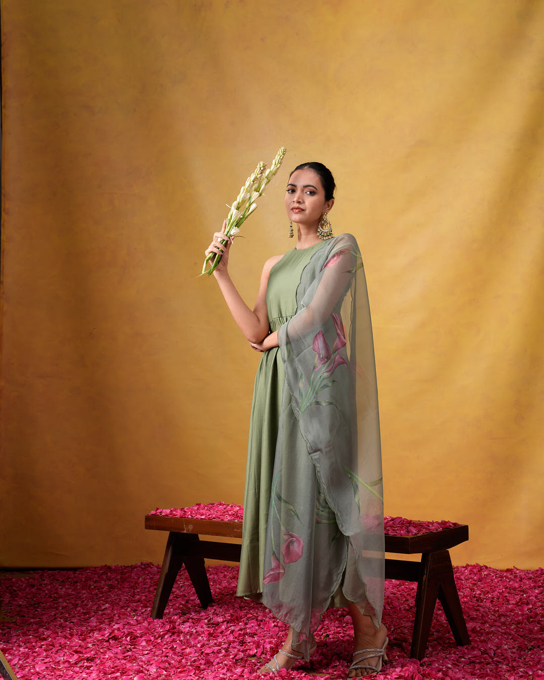 Bhumi Sleeveless Green Flared Suit Set with Organza Dupatta