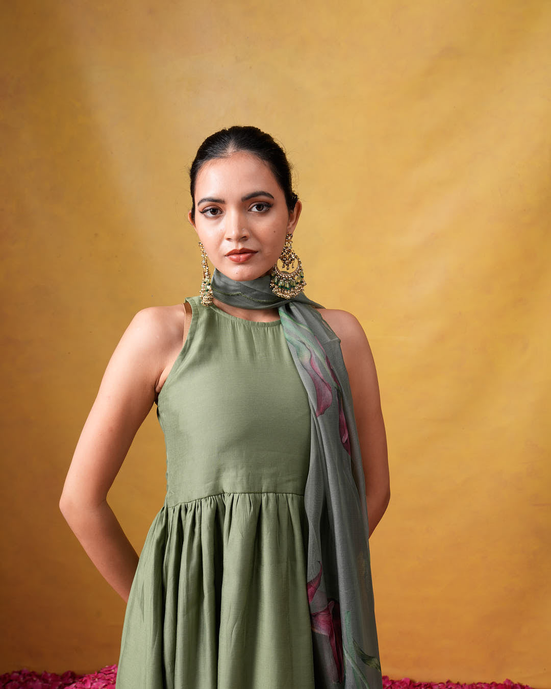 Bhumi Sleeveless Green Flared Suit Set with Organza Dupatta