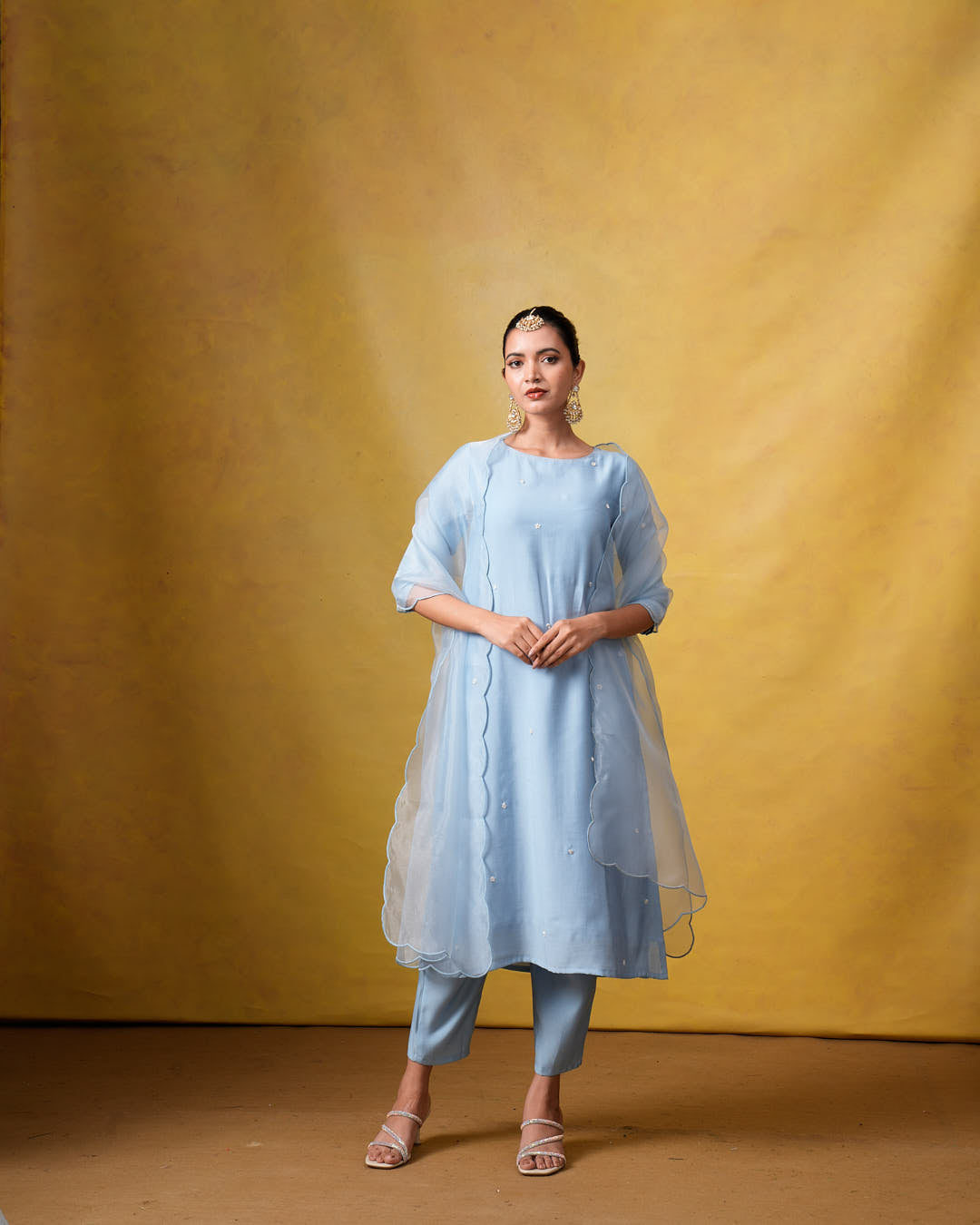 Aura Light Blue Suit Set with Hand Embroidery and Organza Dupatta