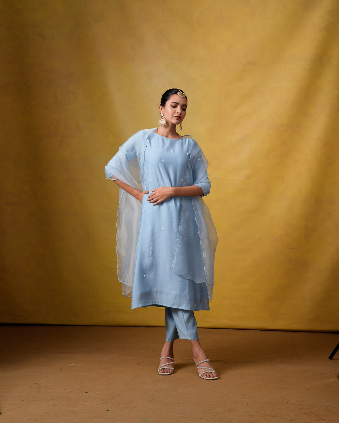Aura Light Blue Suit Set with Hand Embroidery and Organza Dupatta